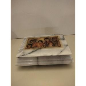 Vintage Edna Hibel Marbled Trinket Box Red Lining Bottom Oriental 5.5" X 4"